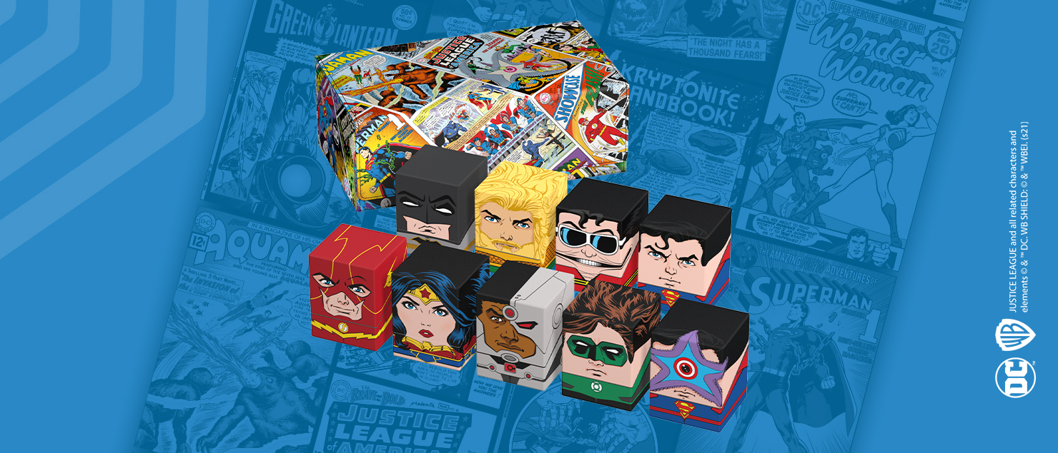 Ad Image depicting Ultimate Guard's New Sub-Brand Squaroes and the first edition of collectible deck boxes of DC JUSTICE LEAGUE™ Super Heroes in collaboration with Warner Bros
